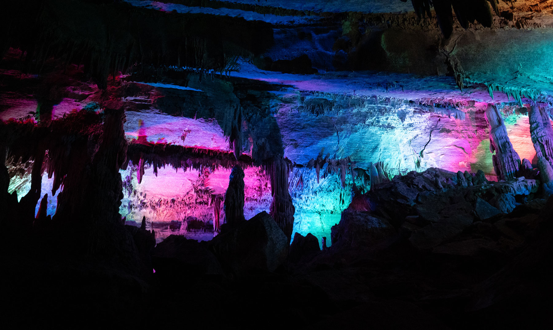 Penn's Cave Tour with colored lights