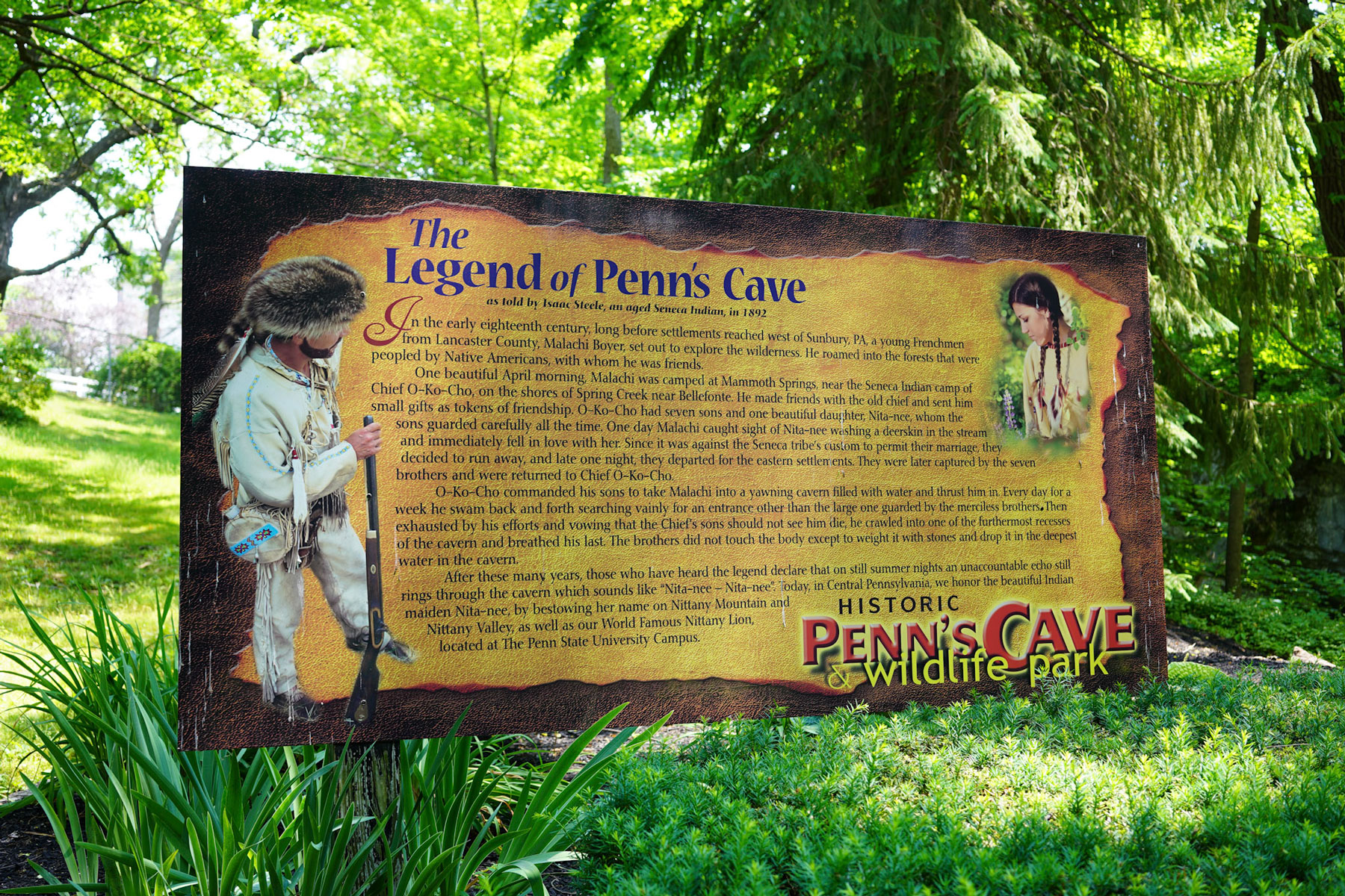 A sign hangs on the grounds of Penn's Cave with the full Legend of Penn's Cave
